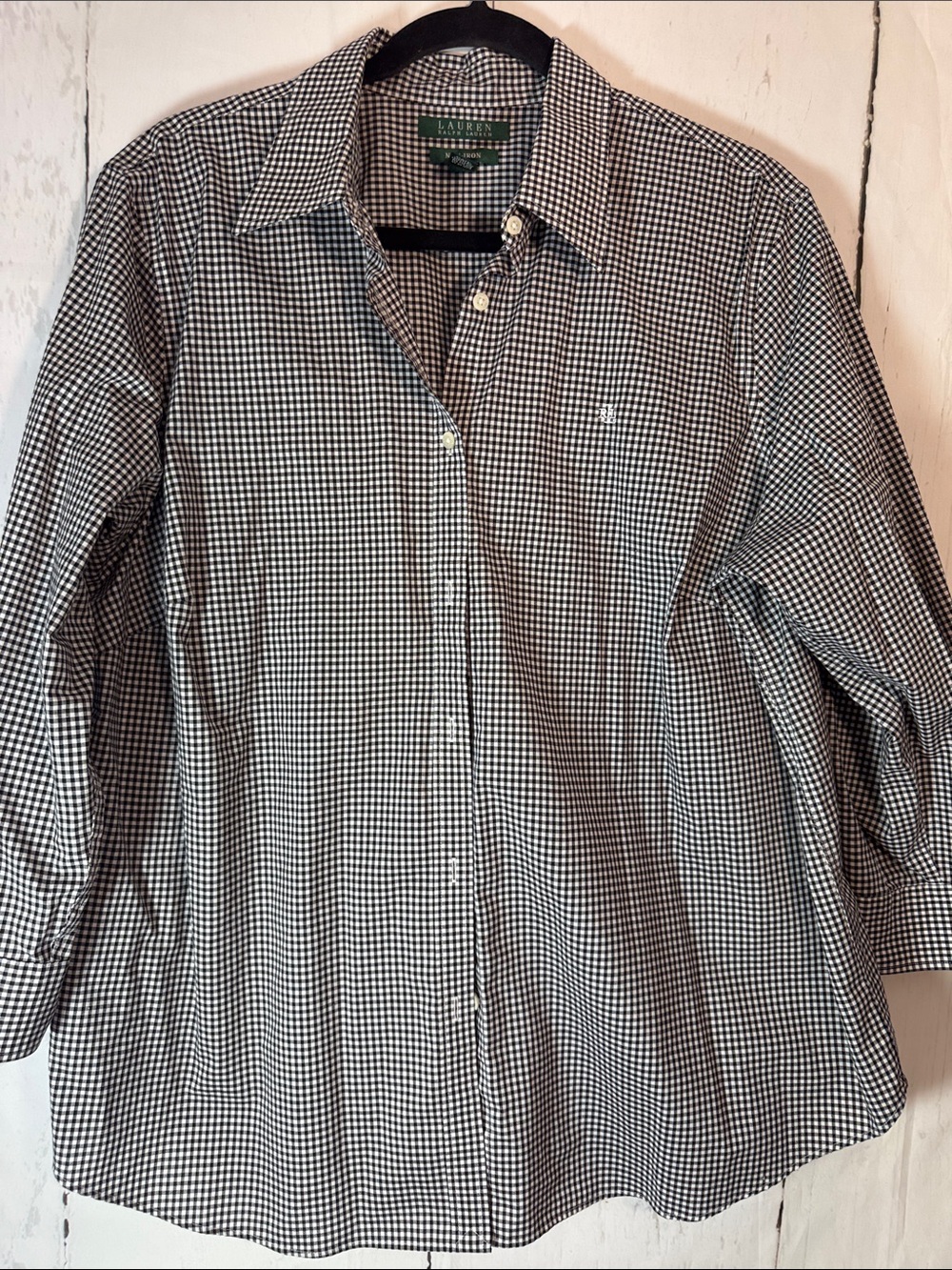 Lauren Ralph Lauren Black/white plaid classic button down shirt 3/4 sleeve